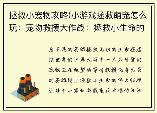拯救小宠物攻略(小游戏拯救萌宠怎么玩:宠物救援大作战:拯救小生命的实用指南)